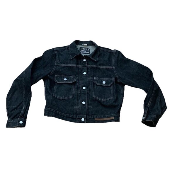 Guess USA Jeans Denim Trucker Jacket Retro 90s Black Women’s XL Button - Picture 2 of 14